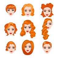 set with different hairstyles Redhead hand-drawn illustration N2