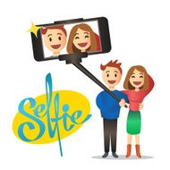 Young couple making self portrait using selfie stick Vector