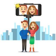 Young couple making self portrait using selfie stick Vector N2