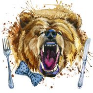 hungry bear illustration with splash watercolor textured background