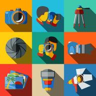 Photographer colorful flat icons set on bright squares with -