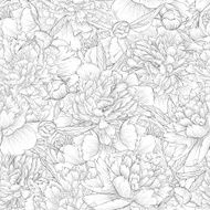 black and white seamless background peonies with leaves bud