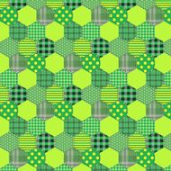 Seamless pattern patchwork green fabrics hexagon