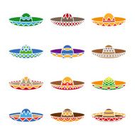 Mexican sombrero color flat icons set