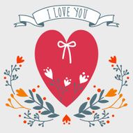 Romantic vector card with heart ribbon and flowers