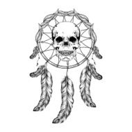 Dream catcher with feathers and leafs skull in center