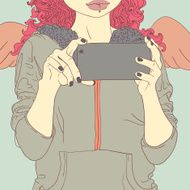 Vintage retro clipart lady taking selfie in mirror