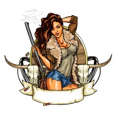 Hunting label with pretty woman holding shot gun N2