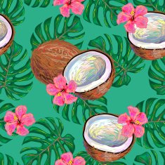 Seamless tropical pattern with coconut and flowers monstera leaves