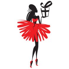 Woman in a red dress holding gift box