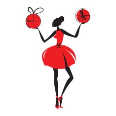 Woman in a red dress holding gifts