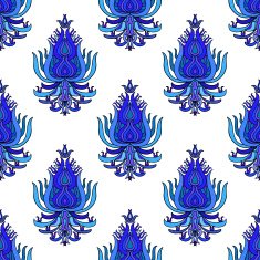 Blue hand drawn oriental seamless pattern on white background