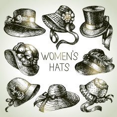 Hand drawn elegant vintage ladies set Sketch women hats Retro