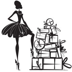 Woman in front of a pile wrapped boxes