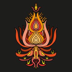 Color hand-drawn indian floral ornament in orange on black back