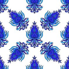 Blue hand drawn oriental seamless pattern on white background N2