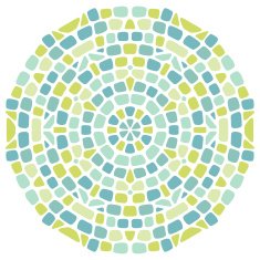 Mosaic kaleidoscopic circle from green and blue paving stones