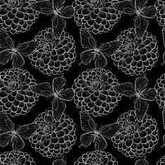 Beautiful seamless background with monochrome black and white butterflies dahlias
