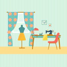 retro workplace Table and sewing machine flat vector illustration