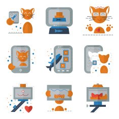 Cat selfie flat colored vector icons