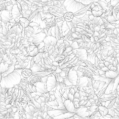 black and white seamless background peonies with leaves bud