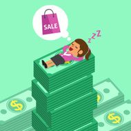 Cartoon woman sleep on money stacks and dream about shoppin