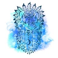 Wolf in war bonnet hand drawn animal illustration N2