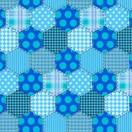 Seamless pattern patchwork blue fabrics hexagon