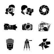 Photographer monochrome icons set with - shutter camera photos shooting