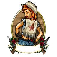 Pin Up Girl label with ribbon banner and guns