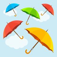 Vector colorful fly soaring umbrellas background Flat design style