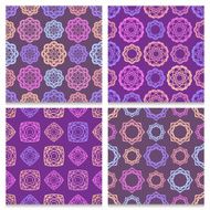 4 violet and brown seamless patterns with multicolored elements