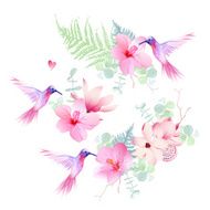 Delicate tropical flowers with flying hummingbirds vector design set
