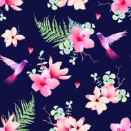 Navy pattern with tropical flowers and flying hummingbirds
