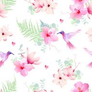 Delicate tropical flowers with hummingbirds seamless vector print