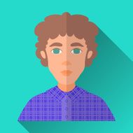 Curly-haired young man in check shirt square flat icon