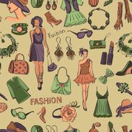 Hand drawn Seamless pattern with scratched beauty and fashion symbols