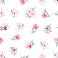 Romantic roses and magnolia seamless vector pattern