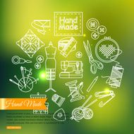 Handmade and sewing outline icons set over blurred shining background