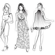Line drawing of three elegant women