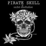 Vintage pirate skull with flowers wreath vector illustration