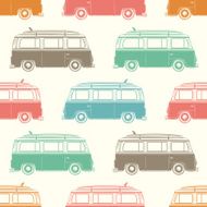 Retro camper van with surfing board Seamless pattern