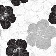 Black and white seamless pattern with hibiscus flowers
