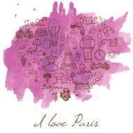 Paris doodles elements Hand drawn set on watercolor stain N2
