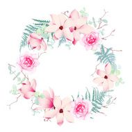 Magnolia roses and fern wedding wreath vector frame