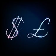 Diamond glittering symbols Dollar and Pound Lira of sparkling brilliants