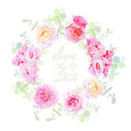 Wedding rose and peonies wreath vector card