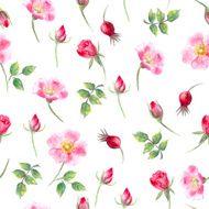 Hand drawn watercolor wild rose flower and bud seamless pattern