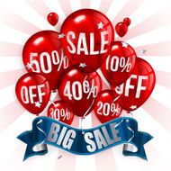 Red flying party balloons with text SALE and discount