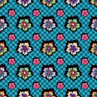 Retro exotic colorful flowers on blue checkered background pattern